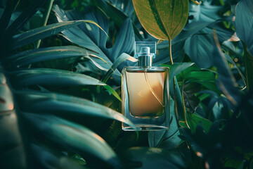 Perfume Bottle Surrounded by Lush Green Foliage