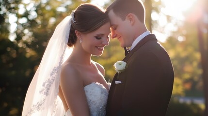 A bride and groom share a tender moment during their wedding ceremony.