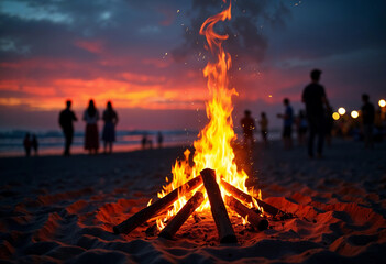 A bonfire on the beach at sunset, with people socializing and having fun in the background, blurred.

