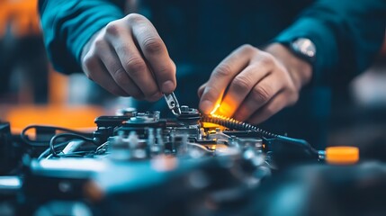 closeup of hands working on engine repair with tools in automotive workshop