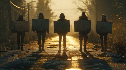 Silhouetted group of mysterious individuals standing on abandoned road holding blank signs at sunset, reflecting and casting long shadowssilhouette