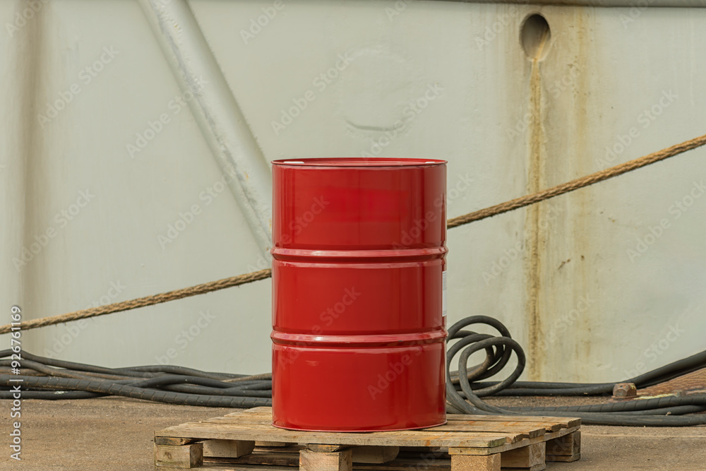 red metal oil barrel stands outside on a wooden industrial pallet