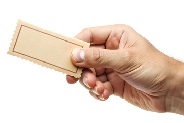 Hand holding a blank ticket, isolated on white background