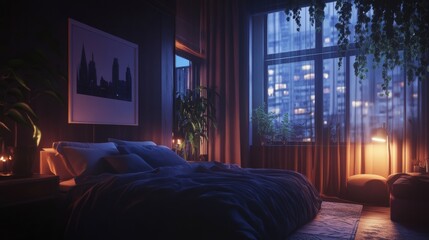 Wall Mural - A bedroom with a large bed and window in the back, AI