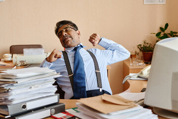 Aufkleber - Businessman stretching arms at desk in an office filled with papers and documents, taking a break from work and looking relaxed