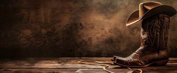 A cowboy boot and hat on a wooden surface with a rustic background.