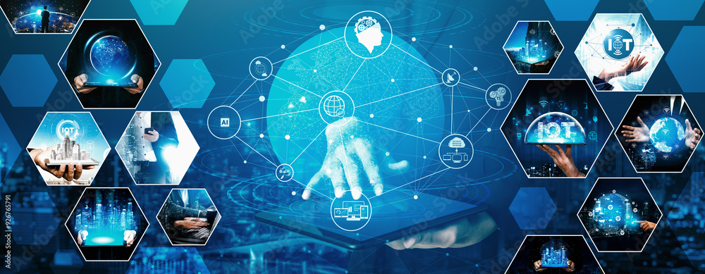 Communication technology , smart connection IOT and people network technology concept. People using connective device to connect to the secured internet network and cloud computing server vexel