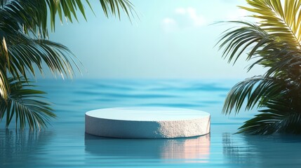 Minimalistic tropical scene with a circular platform surrounded by palm leaves on a serene blue background. Perfect for product displays and summer-themed designs