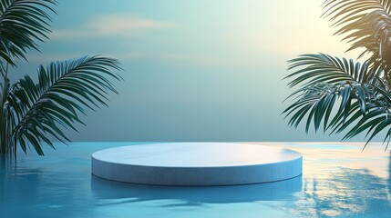 Minimalistic tropical scene with a circular platform surrounded by palm leaves on a serene blue background. Perfect for product displays and summer-themed designs