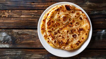 Delicious flatbreads lying on white plate on rustic wooden table, representing worldwide cuisine