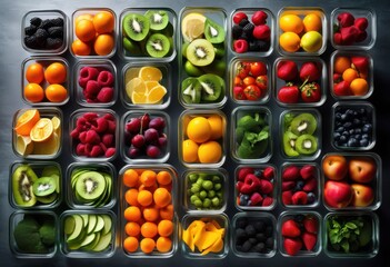 colorful organized food arrangements clear storage containers showcasing fresh ingredients culinary variety, organization, vibrant, vegetables, fruits, meals