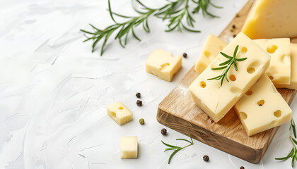 Wooden board with tasty cheese on white table background