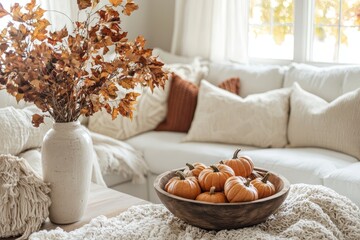 Poster - A cozy fall living room adorned with pillows, blankets, and pumpkins