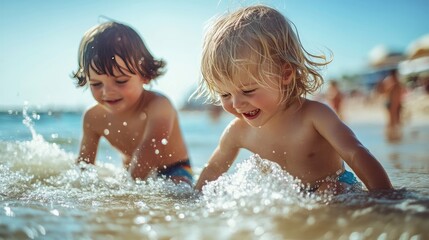 Happy Kids Playing on a Beach with Sand and Sea