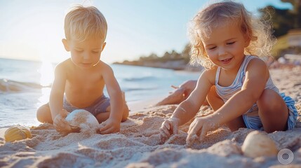 Wall Mural - Happy Kids Playing on a Beach with Sand and Sea