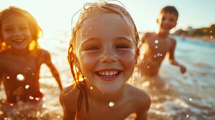 Wall Mural - Happy Kids Playing on a Beach with Sand and Sea