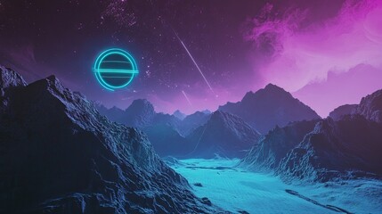 Poster - Majestic Ambient Techno Landscape Under a Vibrant Purple Sky at Dusk