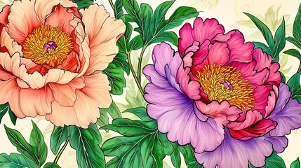 Poster - Colorful Peony Flowers With Detailed Brushstrokes and Green Leaves in a Serene Garden Setting