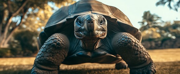 A Giant Tortoise Walking Towards The Camera In A Tropical Setting.