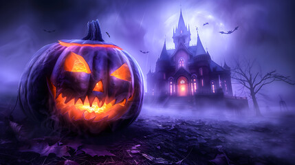 Sticker - Escena de Halloween con calabaza iluminada y castillo tenebroso en la niebla sobre fondo morado