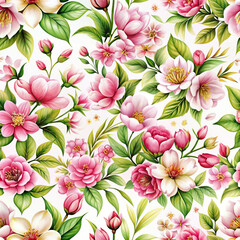 Sticker - pink flowers  sakura with lush green leaves are arranged in a repeating pattern