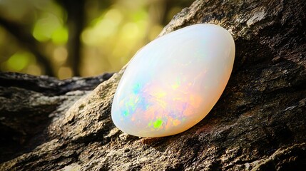 Poster - Natural Stone Opal Resting on Textured Wood Surface Under Soft Sunlight in a Serene Outdoor Setting