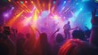 © Ivan - A rock band playing in an intimate club, with the audience close to the stage, jumping and singing along to the music under bright, colorful light