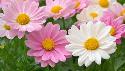 Vibrant pink and white daisies in full bloom with bright yellow centers, beauty of springtime flowers in a garden