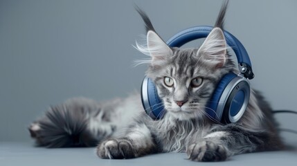 Majestic Maine Coon Cat with Futuristic Blue Headphones on Soft Grey Background for Poster Design