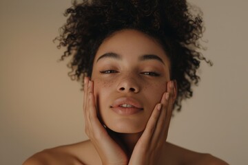 Beauty, relaxation, woman with eyes closed and facial massage in studio. Makeup, elegance, luxury skin care, acupressure detox mockup on black woman.