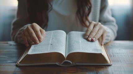 Bible, prayer, open hands of woman, home study of Christianity and God. Reading gospel, girl at table with holy book for spiritual praise and giving