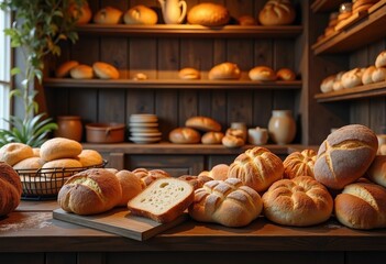 Wall Mural - A bakery selling sourdough bread. The bread is displayed on a wooden table.

