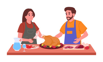 Couple cooking at home. Food preparation at home, cooking family, woman and man cooking together flat vector illustration. Cartoon home cooking scene