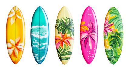 Summer surfing boards in colorful printed pattern isolated on white background