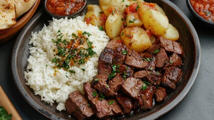 Wall Mural - Slices of grilled beef served with Turkish bread, rice, and potatoes