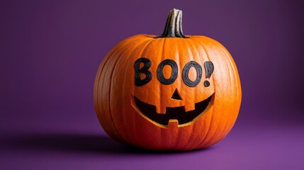 Wall Mural - Halloween pumpkin with carved BOO on purple background