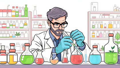 pharmaceutical science laboratory of health care cosmetic research, apothecary scientist working to test a organic herb drug of chemical medicine experiment with chemist doctor, beaker glasses tools