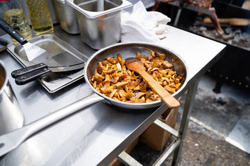 Freshly Sauted Mushrooms in a Pan on A Kitchen Prep Table