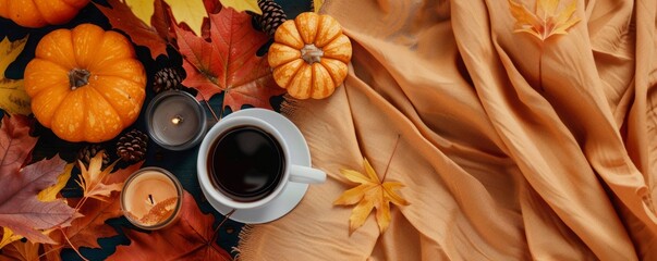 Wall Mural - cup of coffee on autumn background.