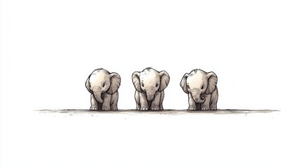 Wall Mural - Three elephants are standing in a line with their heads down, AI