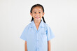 © sorapop - Portrait smiling Asian little girl kindergarten studio shot isolated white background, good job feedback, happy woman kid in pigtails wearing school uniform, back to school concept