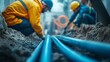 © keks20034 - Workers in uniforms and helmets lay fiber optic cables for internet in the city.