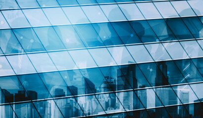 Wall Mural - double exposure image of faded business abstract background with office building and people conferen