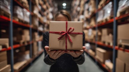 Canvas Print - A person holding a gift wrapped in brown paper with red ribbon, AI