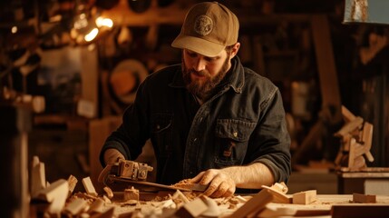 Sticker - A man working on a piece of wood with an electric sander, AI