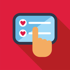 Canvas Print - Finger is tapping a heart icon on a mobile phone, with a red background