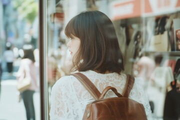 An Asian woman with a shoulder bag at a shopping mall, a closeup rear view of a female carrying a brown leather backpack while walking in a market center area