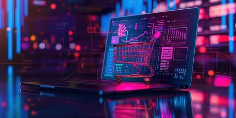 Digital Shopping Cart on Laptop created by ai