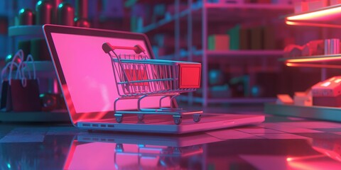 Digital Shopping Cart on Laptop created by ai