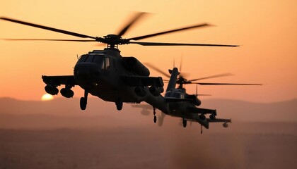 Wall Mural - Two attack helicopters fly in sync over a desert at dusk, silhouetted against an orange sky, with depth of field and sunset lighting enhancing the dramatic scene.






